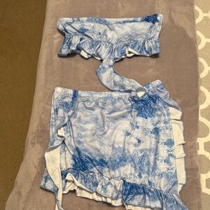 Blue and White Ruffled Two-Piece Set